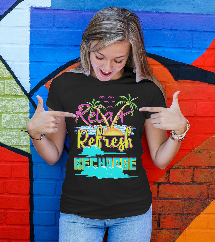 Relax Refresh Recharge Tropical Palm Sunset Scene T-Shirt