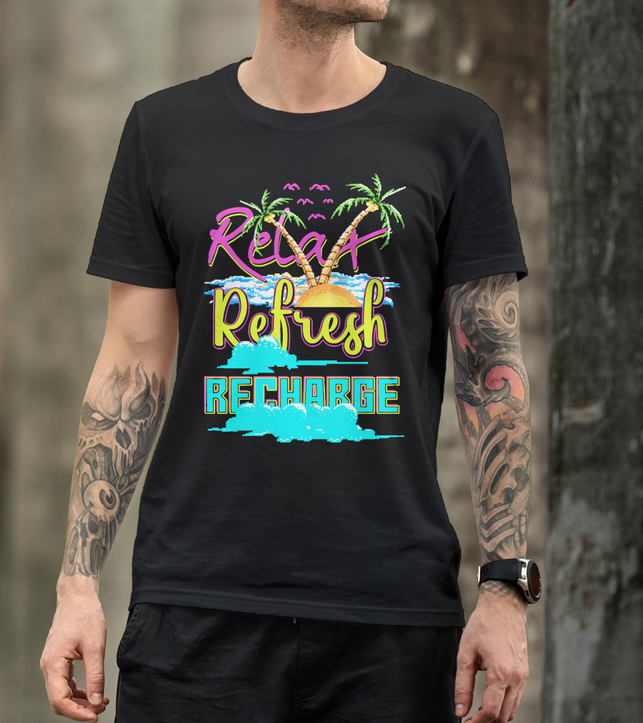 Relax Refresh Recharge Tropical Palm Sunset Scene T-Shirt