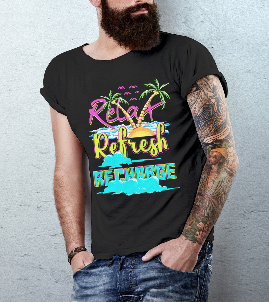 Relax Refresh Recharge Tropical Palm Sunset Scene T-Shirt