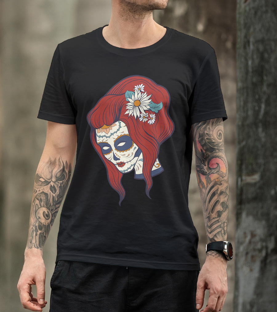 Skull Girl Day Of The Dead Sugar Skull Red Hair Daisy Flowers T-Shirt