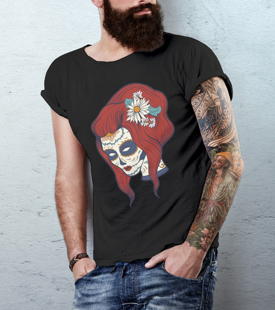 Skull Girl Day Of The Dead Sugar Skull Red Hair Daisy Flowers T-Shirt