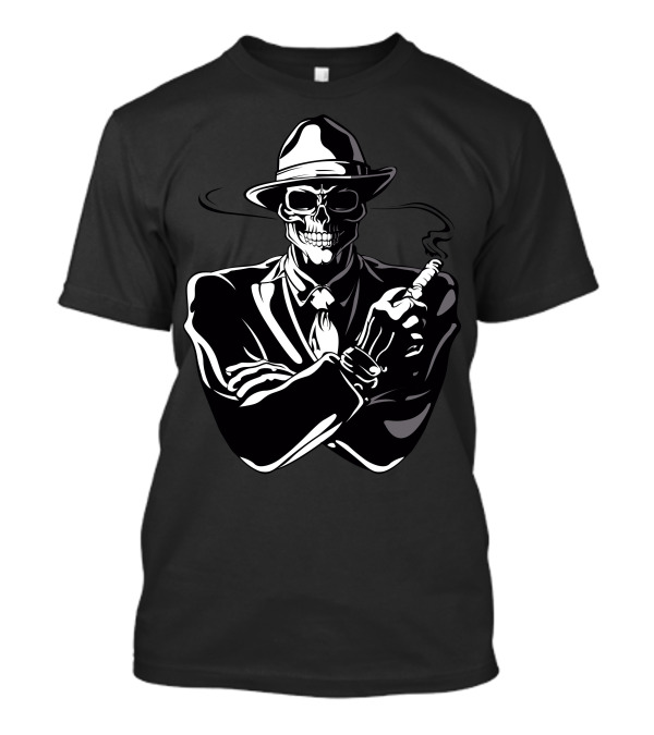 Skull Mafia Smoking Suit Fedora Retro Gangster T-Shirt