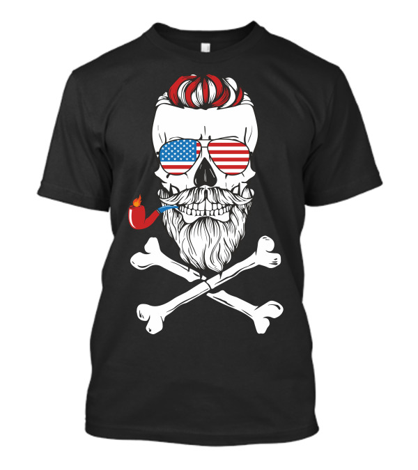 Skull America Patriotic Beard Pipe Crossbones Flag Sunglasses T-Shirt