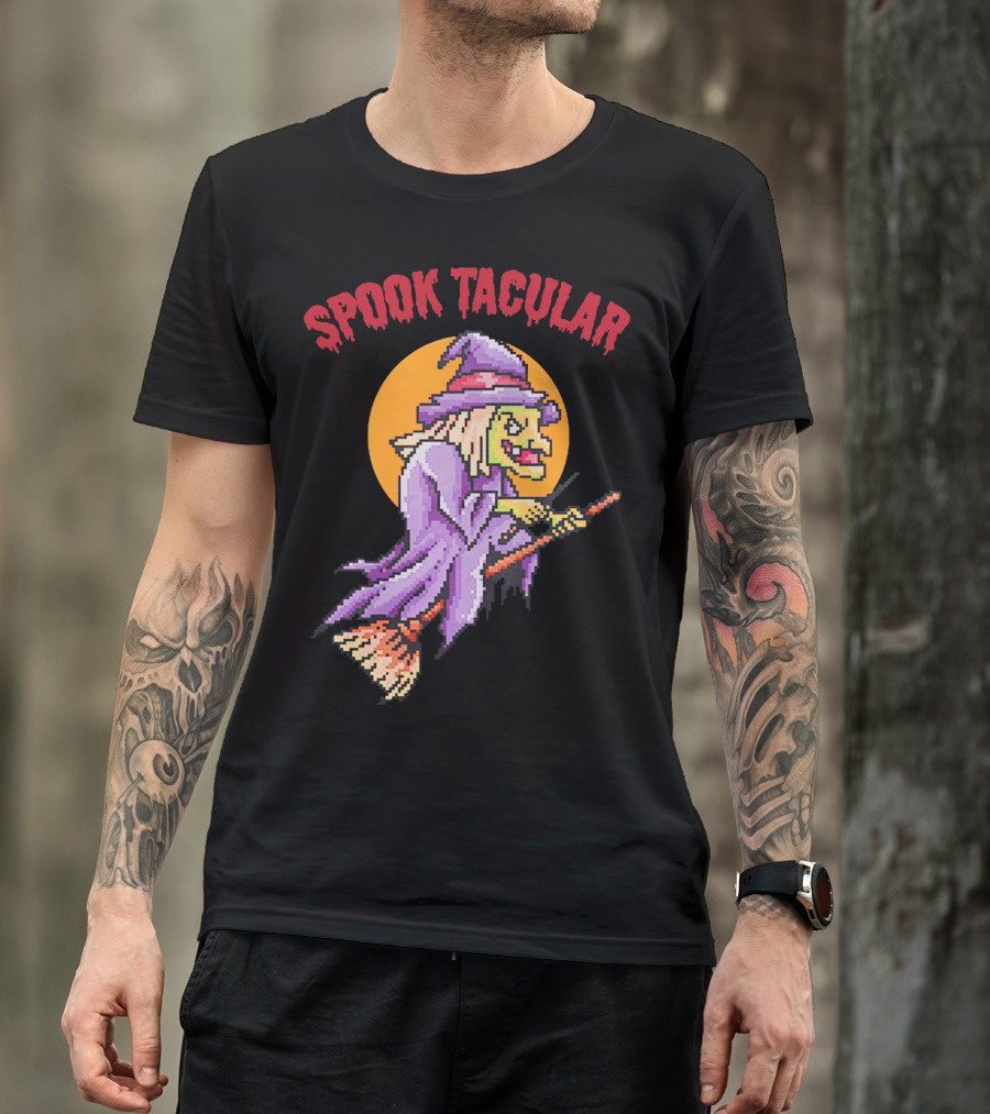 Spook Tacular Witch Pixel Art Halloween Witch On Broomstick T-Shirt
