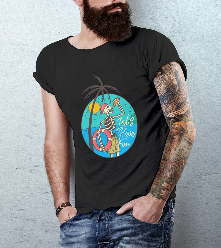 Let's Have Fun Sunny Drink Skeleton Palm Tree Ocean Sun Hat T-Shirt