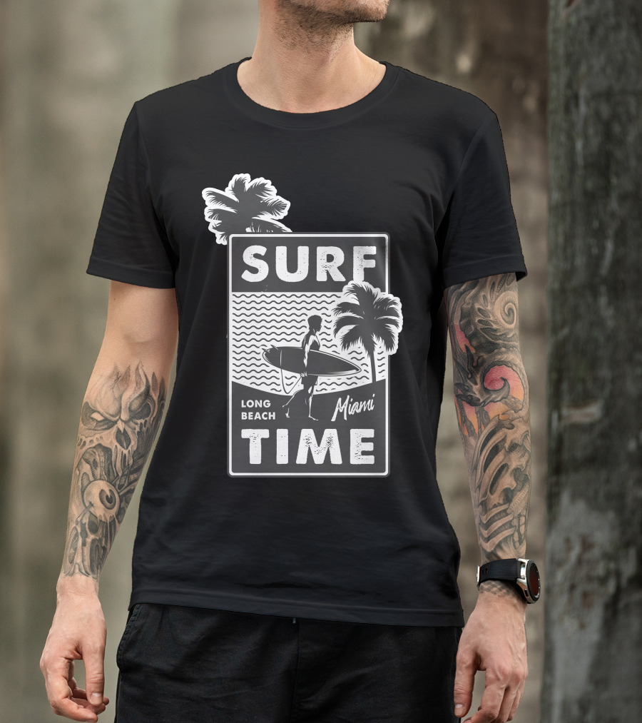 Surf Time Long Beach Miami Surfboard Palms T-Shirt