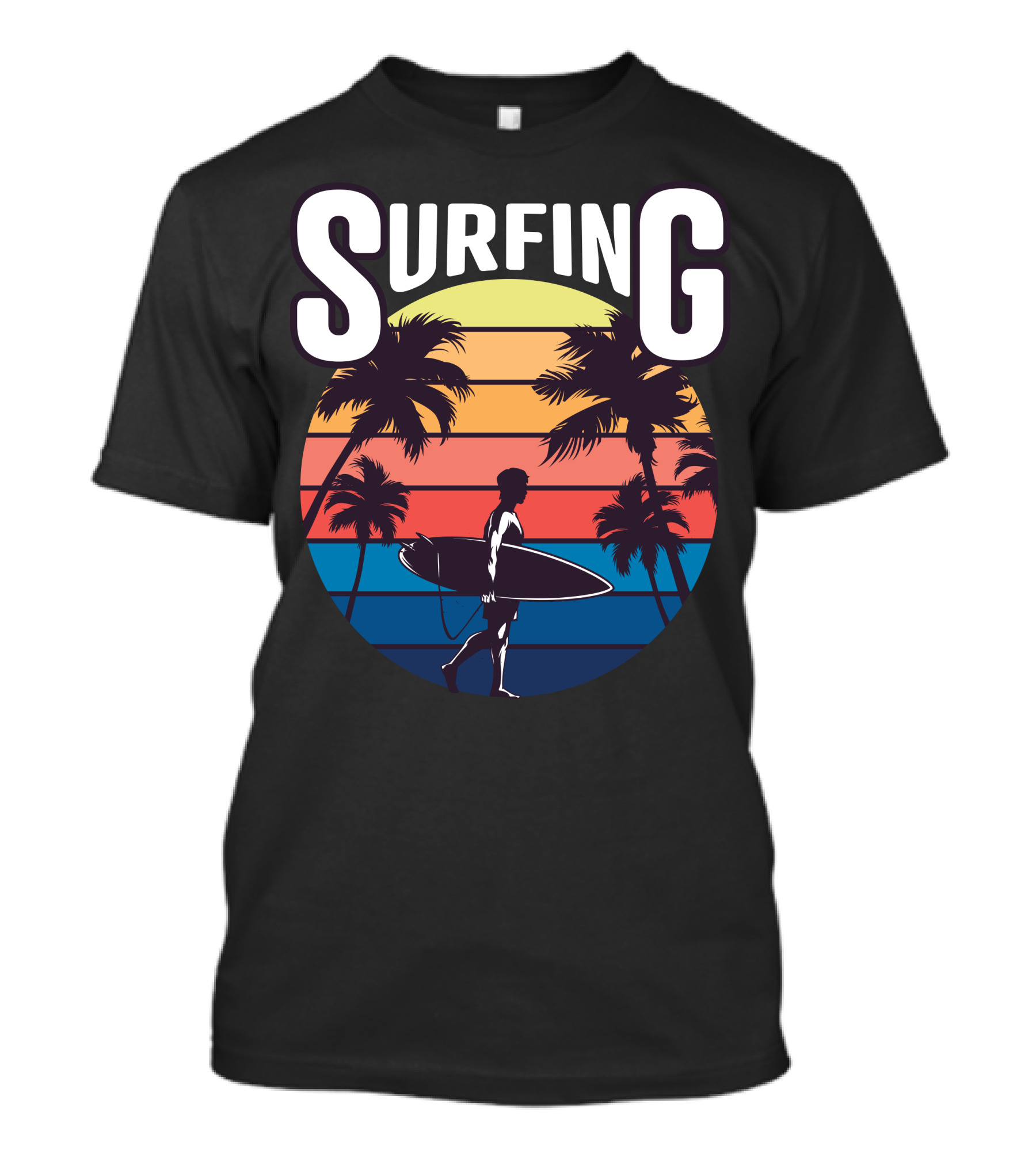 Surfing Silhouette With Palm Trees And Sunset Stripes T-Shirt
