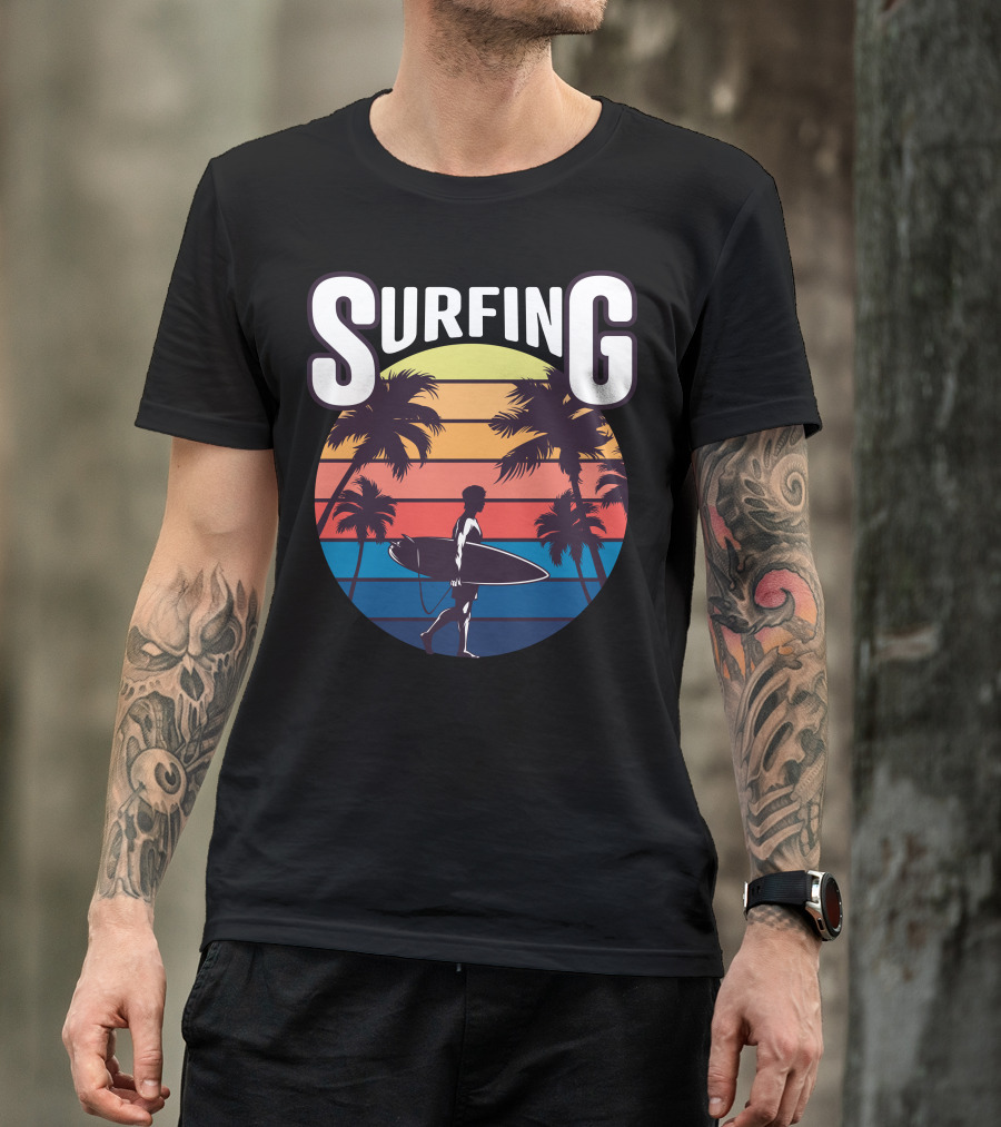 Surfing Silhouette With Palm Trees And Sunset Stripes T-Shirt
