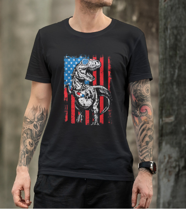 Trex Dinosaur Popsicle USA Flag Funny 4th Of July T-Shirt