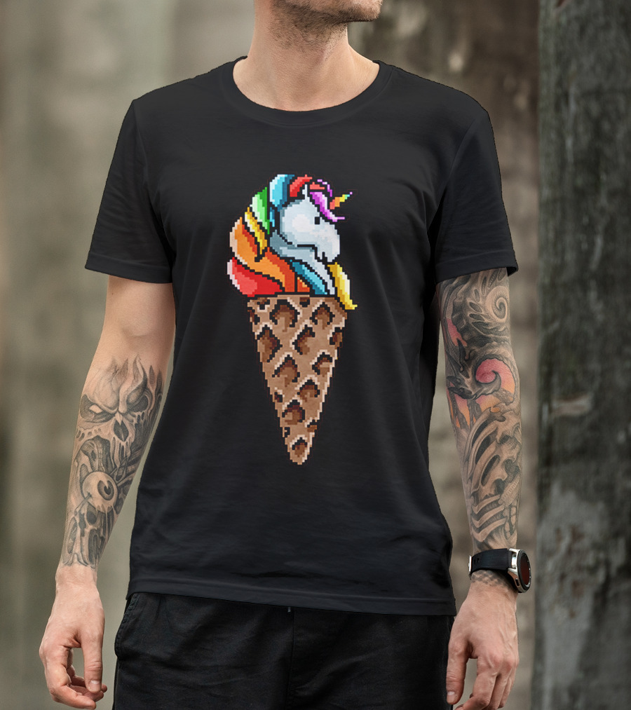 Rainbow Unicorn Ice Cream Cone Pixel T-Shirt