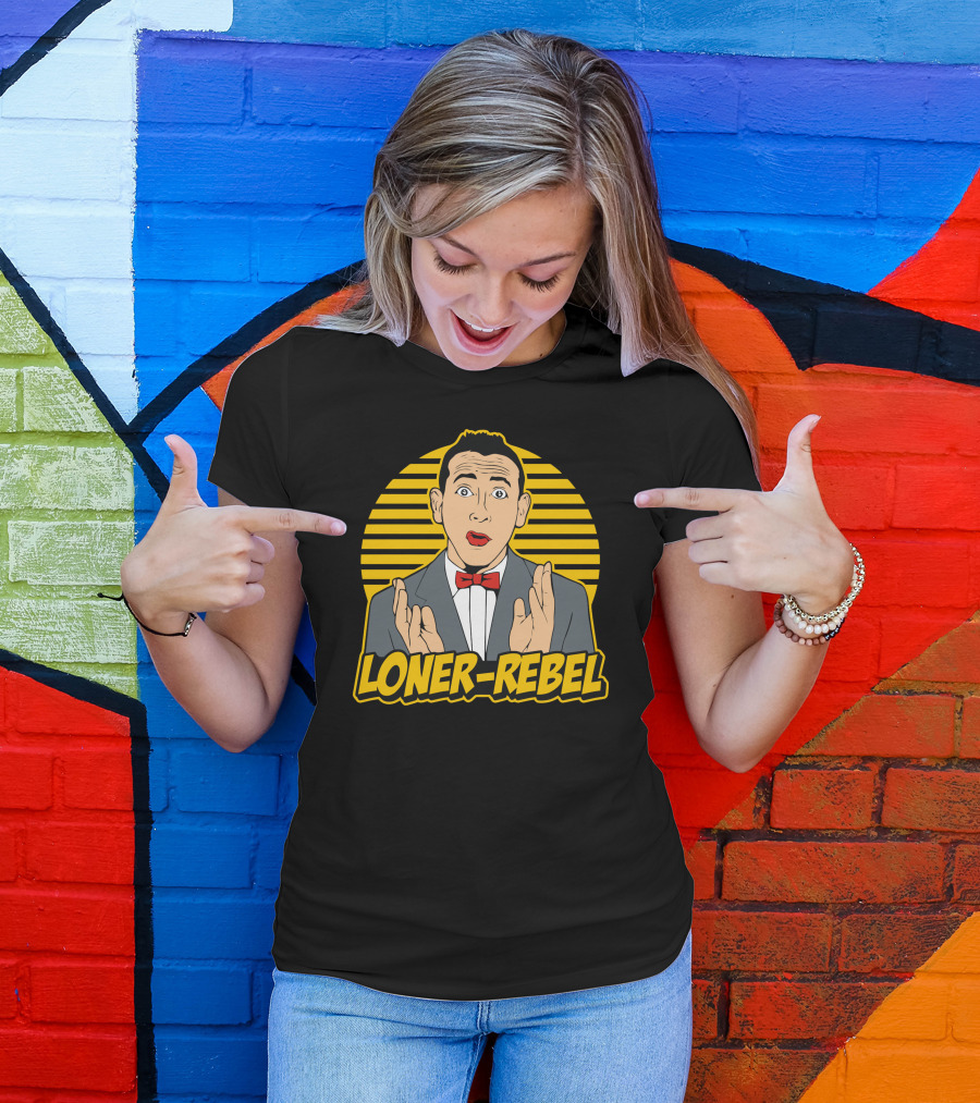 Loner Rebel Comic Style Character With Red Bow Tie Retro Stripes T-Shirt