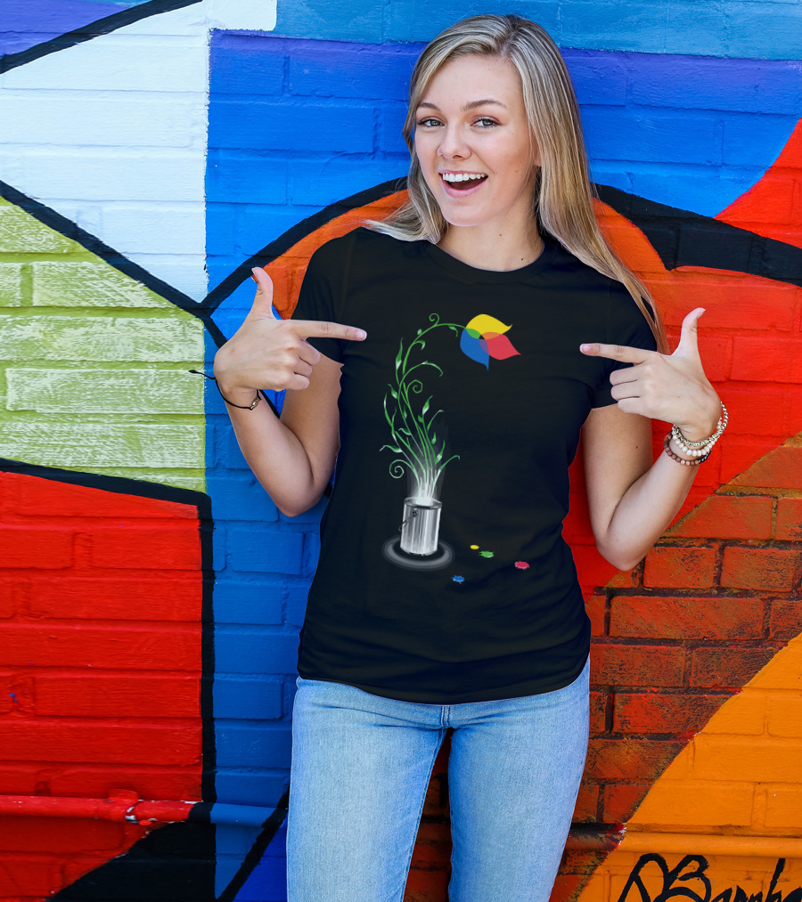 Artistic Growth Blooming From Paint Can With Multicolor Flower And Green Stems T-Shirt