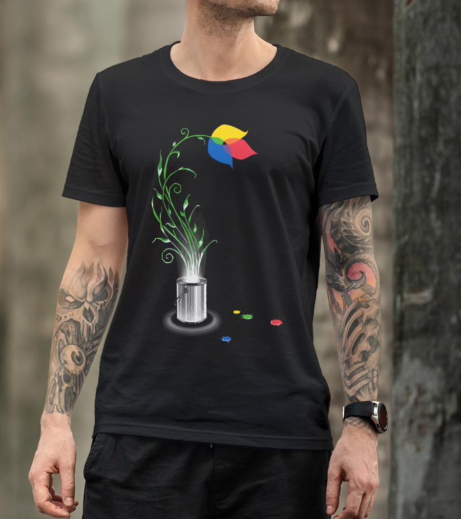 Artistic Growth Blooming From Paint Can With Multicolor Flower And Green Stems T-Shirt