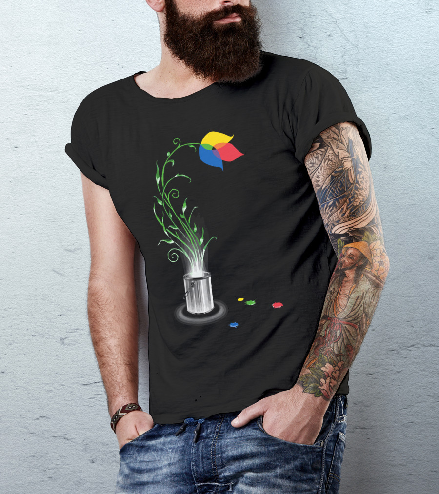 Artistic Growth Blooming From Paint Can With Multicolor Flower And Green Stems T-Shirt