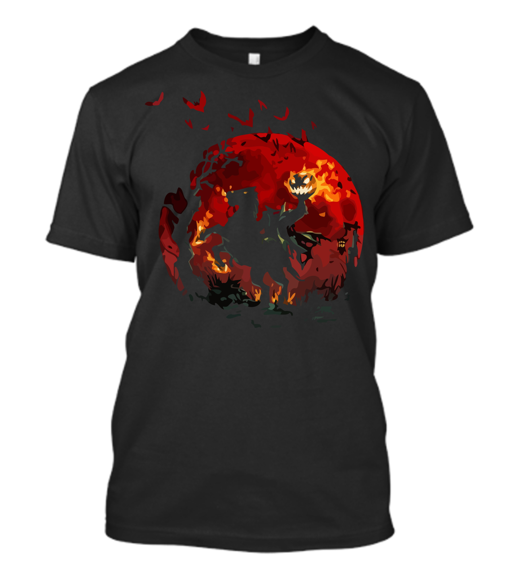 Bad Moon Rising Headless Horseman Fiery Jack-o'-Lantern Bats Halloween Scene T-Shirt
