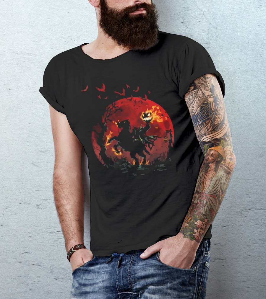 Bad Moon Rising Headless Horseman Fiery Jack-o'-Lantern Bats Halloween Scene T-Shirt