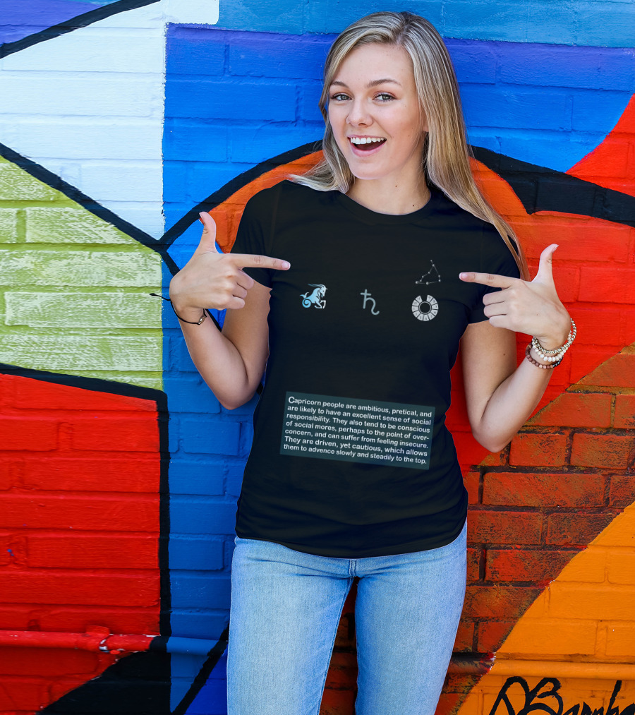 Capricorn Symbol Sea Goat Ruling Planet Saturn House Tenth Element Earth Mode Cardinal Keyword Achieve Ambitious Practical Social Responsible T-Shirt