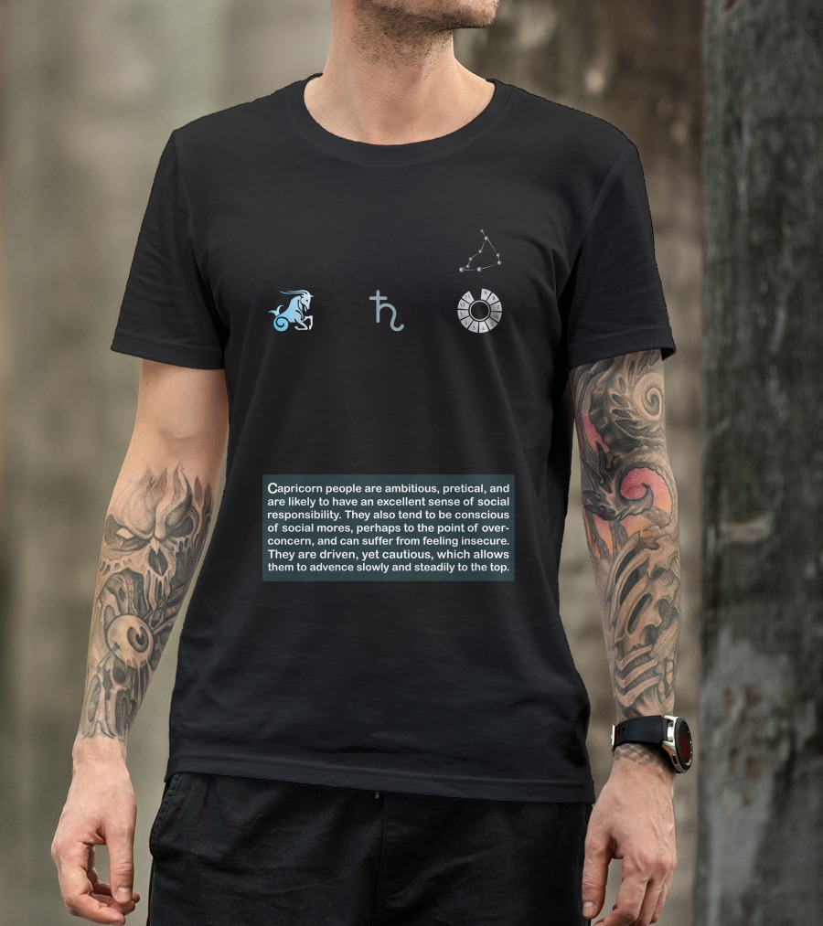 Capricorn Symbol Sea Goat Ruling Planet Saturn House Tenth Element Earth Mode Cardinal Keyword Achieve Ambitious Practical Social Responsible T-Shirt