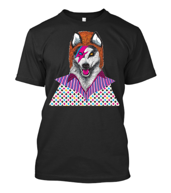 Ziggy Stardog Glam Rock Canine Portrait With Lightning Bolt And Patterned T-Shirt