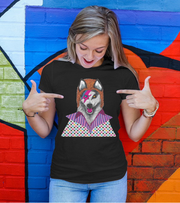 Ziggy Stardog Glam Rock Canine Portrait With Lightning Bolt And Patterned T-Shirt