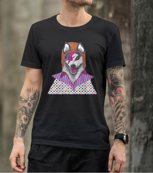 Ziggy Stardog Glam Rock Canine Portrait With Lightning Bolt And Patterned T-Shirt