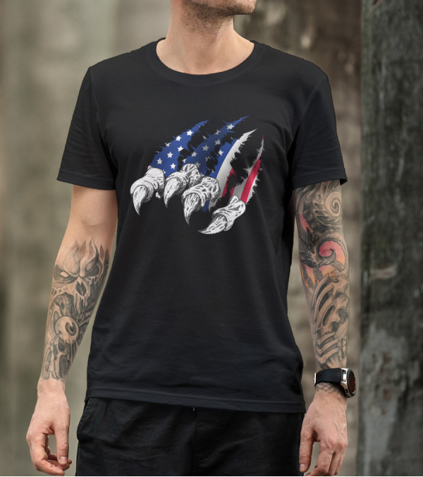 American Flag Patriot Claw Ripping Through T-Shirt