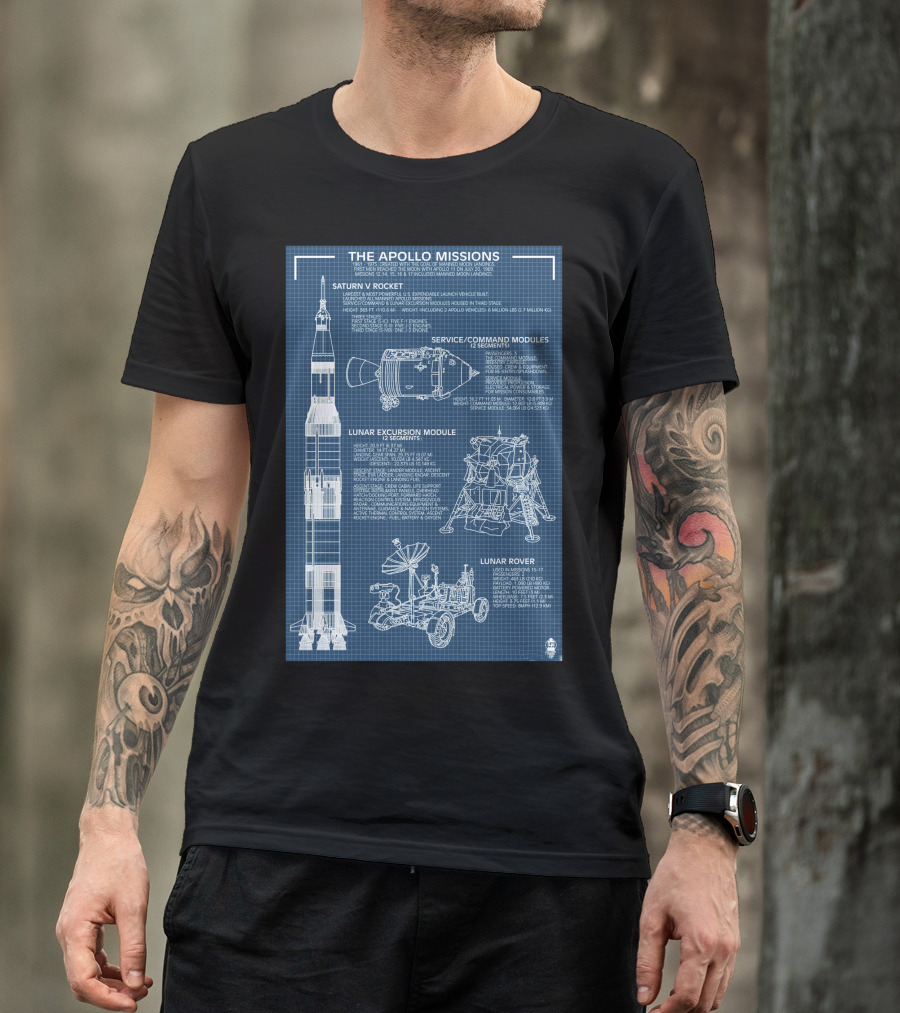The Apollo Missions Saturn V Rocket Service Command Modules Lunar Excursion Module Rover Blueprint T-Shirt