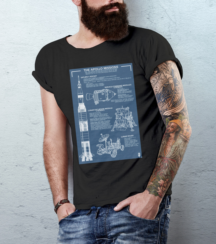 The Apollo Missions Saturn V Rocket Service Command Modules Lunar Excursion Module Rover Blueprint T-Shirt