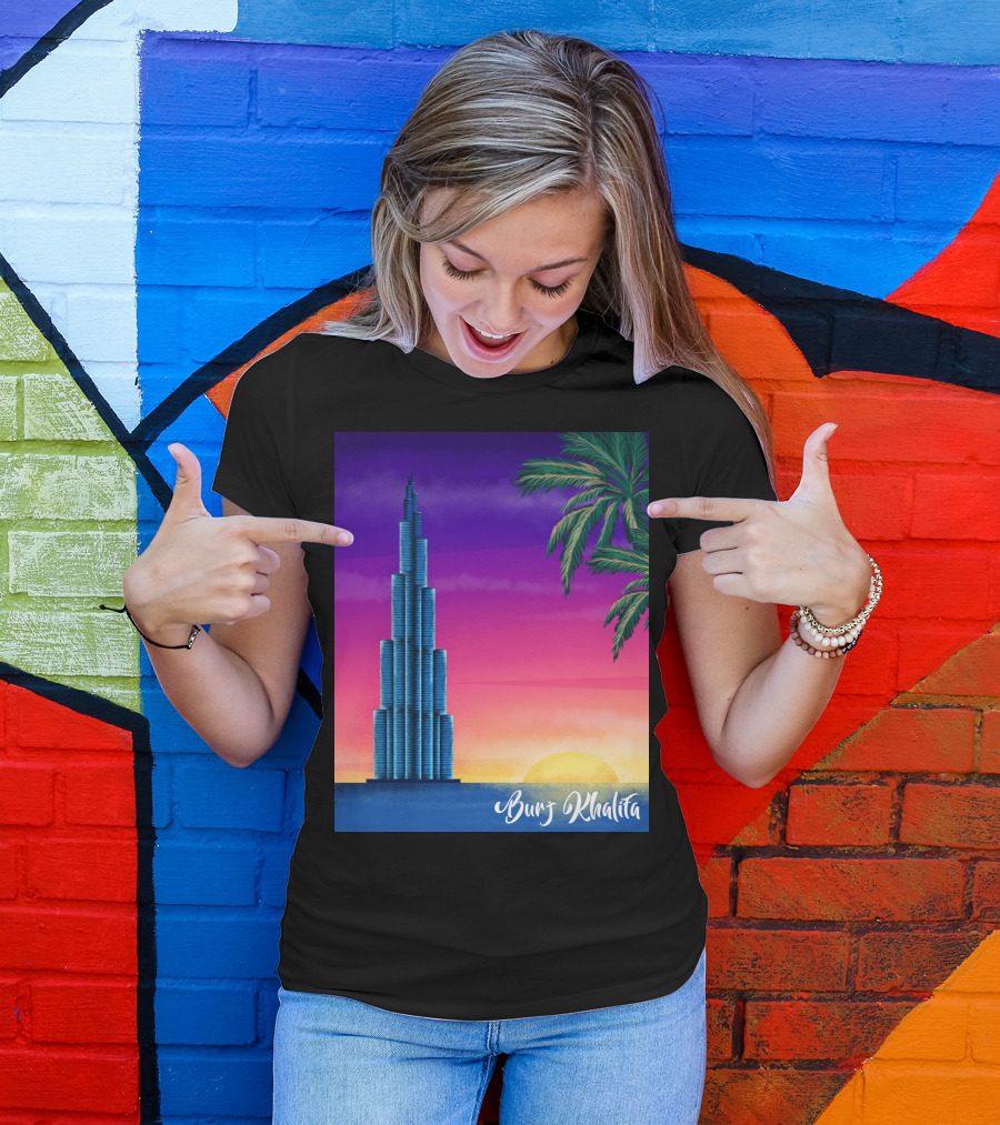 Burj Khalifa Sunset With Palm Trees And Vibrant Sky T-Shirt