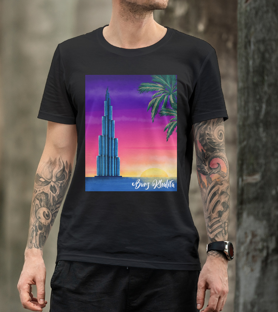 Burj Khalifa Sunset With Palm Trees And Vibrant Sky T-Shirt