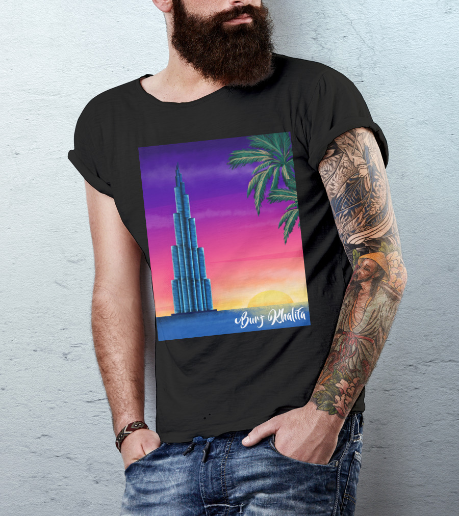 Burj Khalifa Sunset With Palm Trees And Vibrant Sky T-Shirt