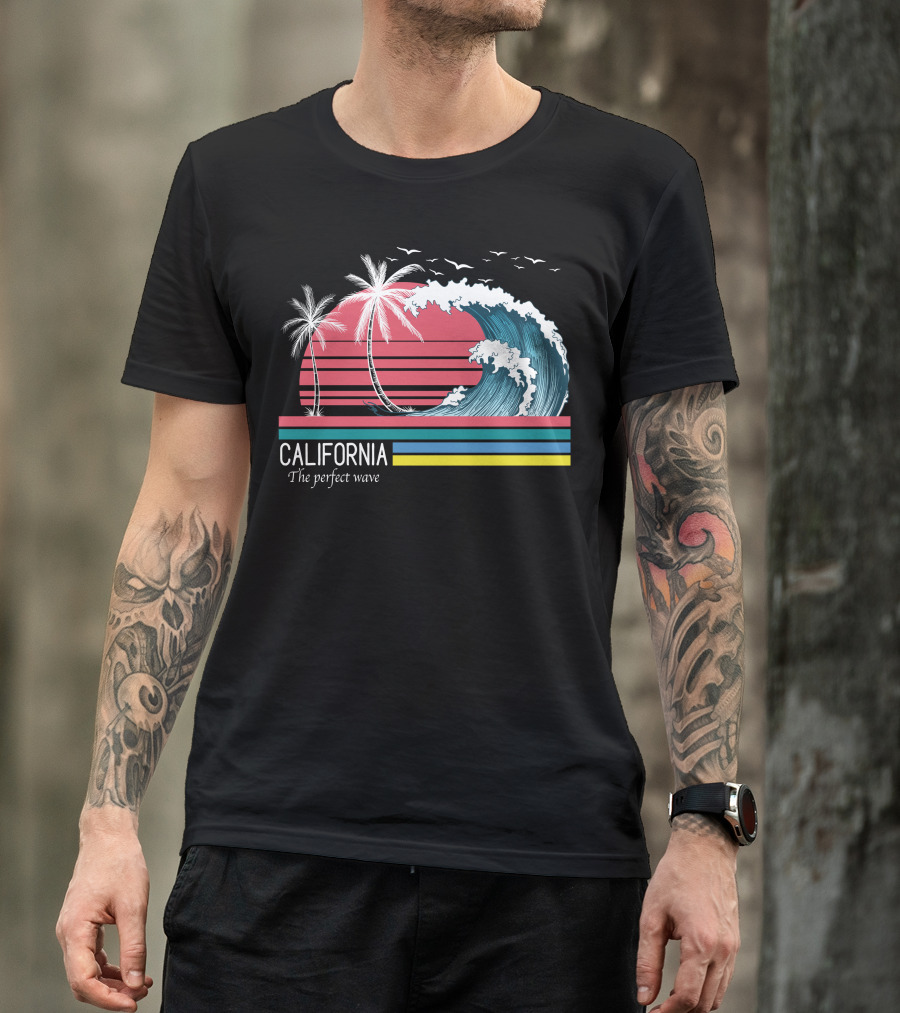 California The Perfect Wave Palm Trees Sunset Ocean Surf Scene T-Shirt