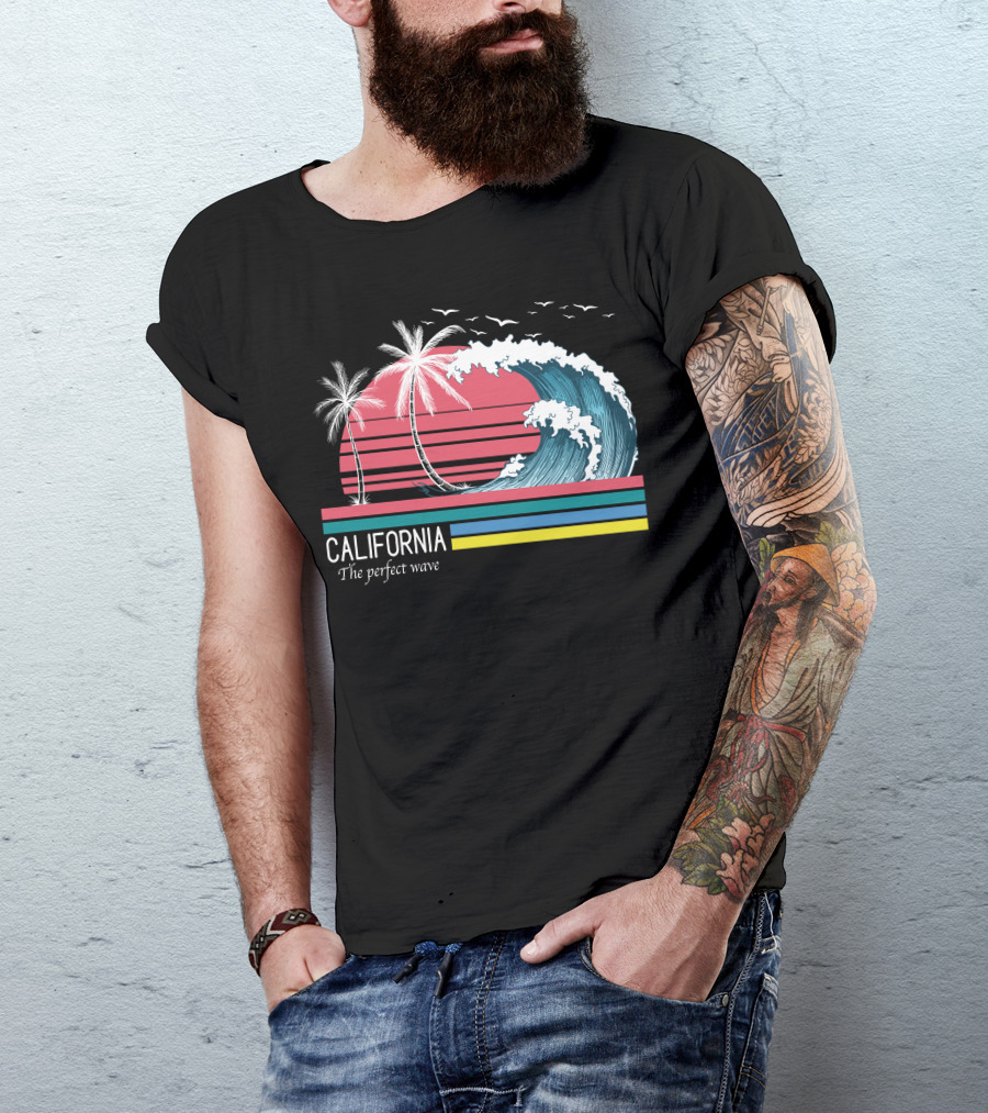 California The Perfect Wave Palm Trees Sunset Ocean Surf Scene T-Shirt