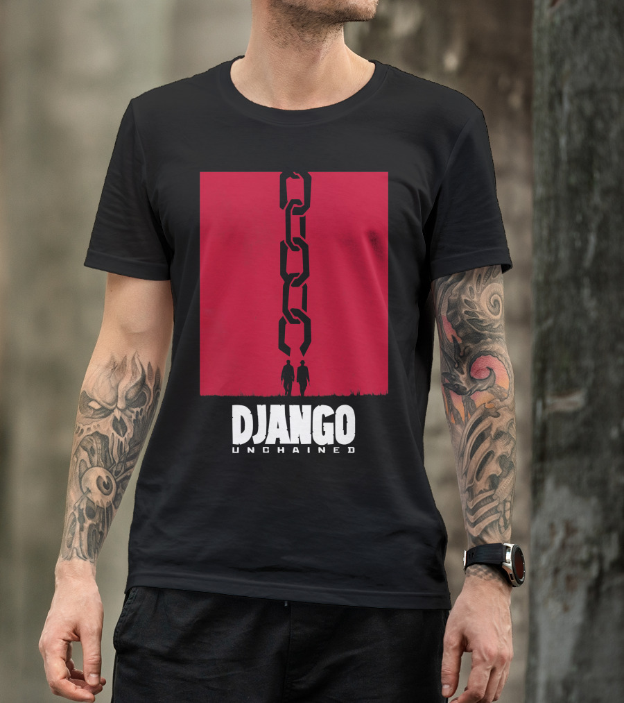Django Unchained Red Background Silhouette And Chain Movie T-Shirt