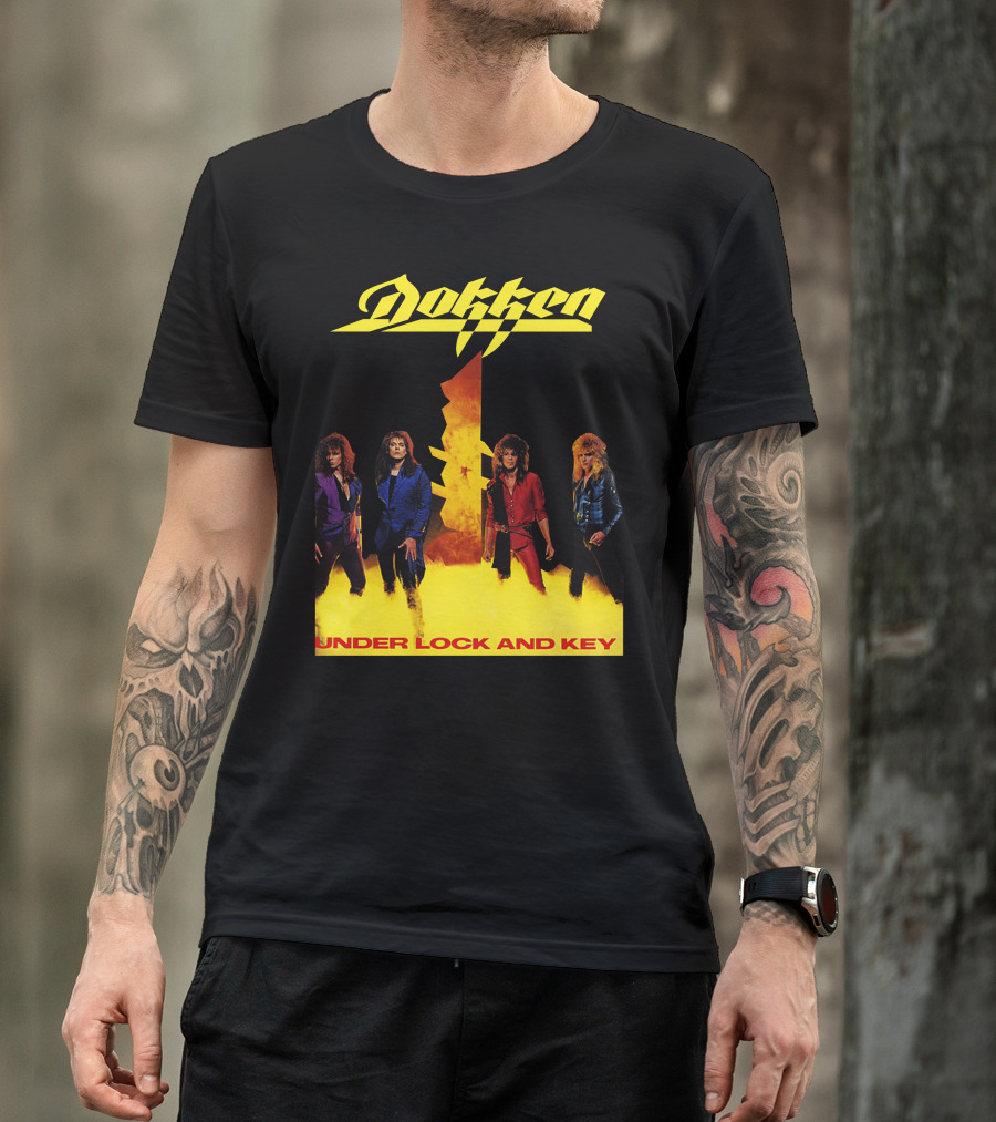Dokken Under Lock And Key Album Cover Art Band Members Flame Background T-Shirt