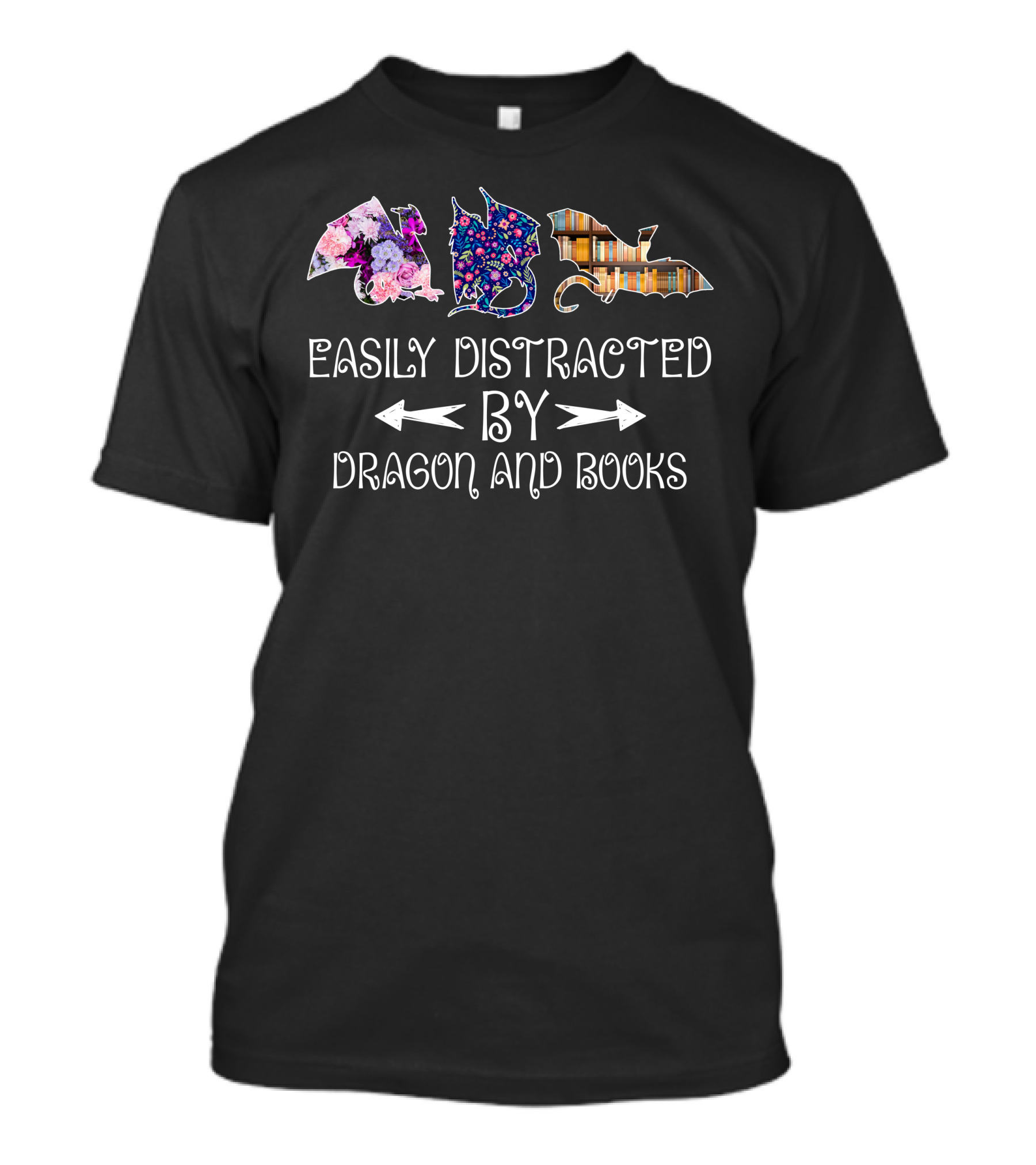 Easily Distracted By Dragon And Books Floral Pattern Bookshelf T-Shirt