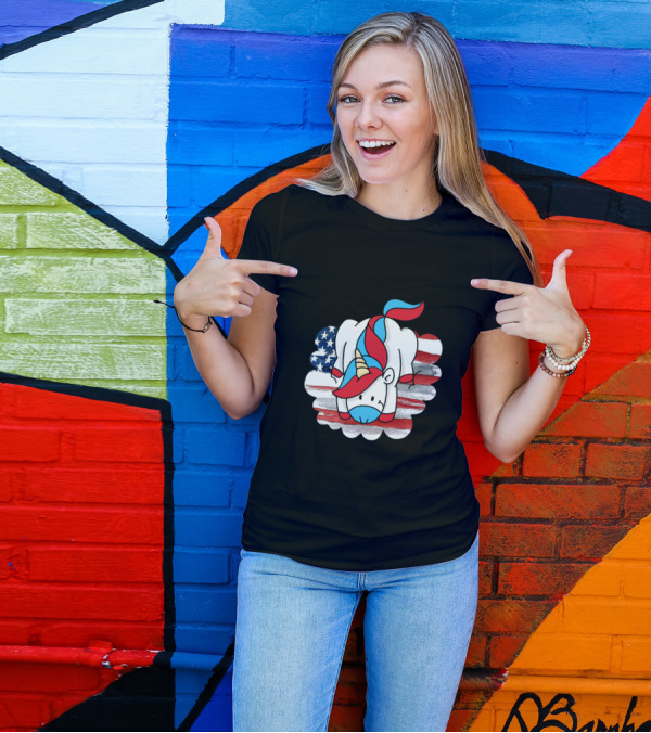 Freedom Is Magical Unicorn With American Flag Background T-Shirt