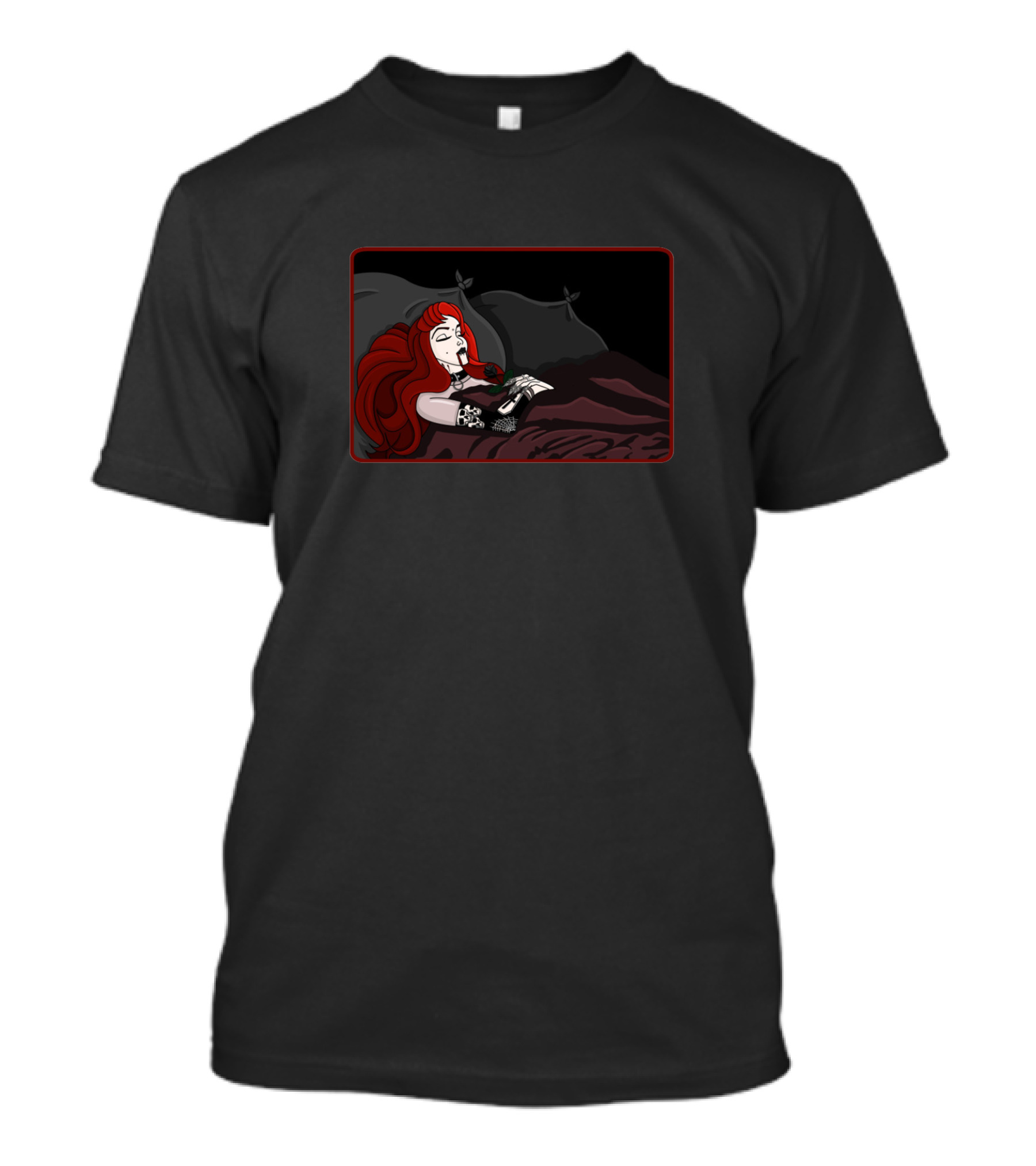 Ghotic Sleeping Beauty With Red Rose And Black Pillow T-Shirt