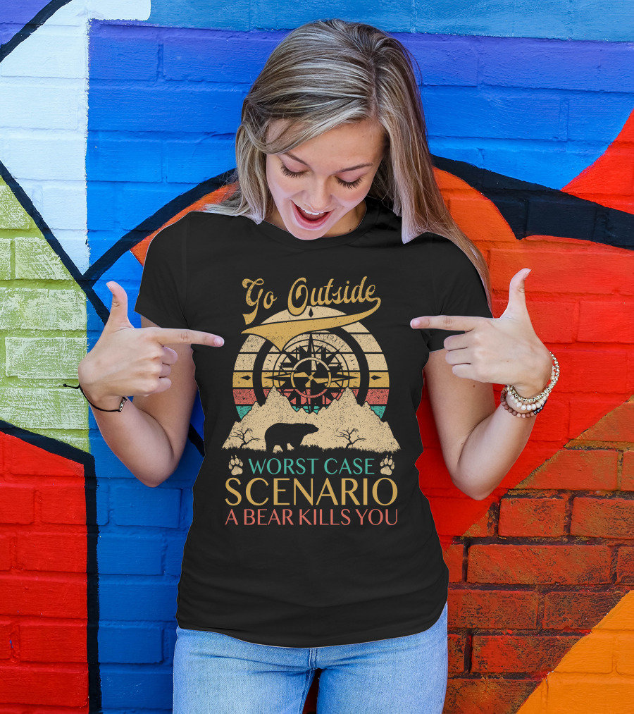 Go Outside Worst Case Scenario A Bear Kills You Retro Compass Bear Silhouette Mountains T-Shirt