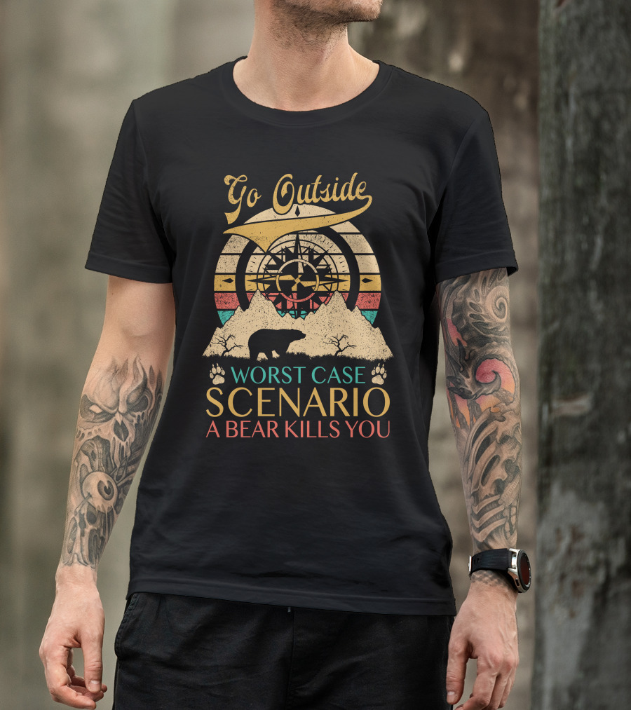 Go Outside Worst Case Scenario A Bear Kills You Retro Compass Bear Silhouette Mountains T-Shirt
