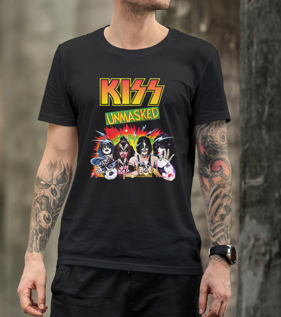 KISS Unmasked Cartoon Faces Explosive T-Shirt