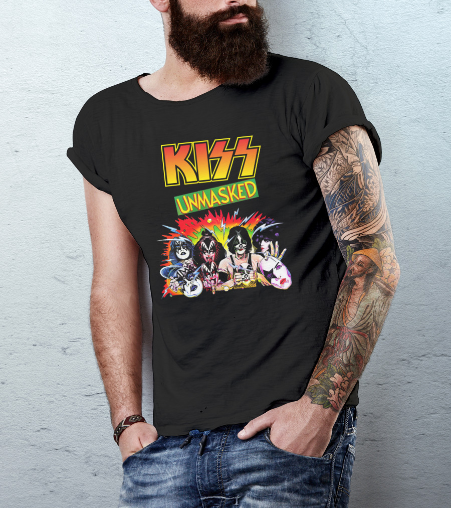 KISS Unmasked Cartoon Faces Explosive T-Shirt