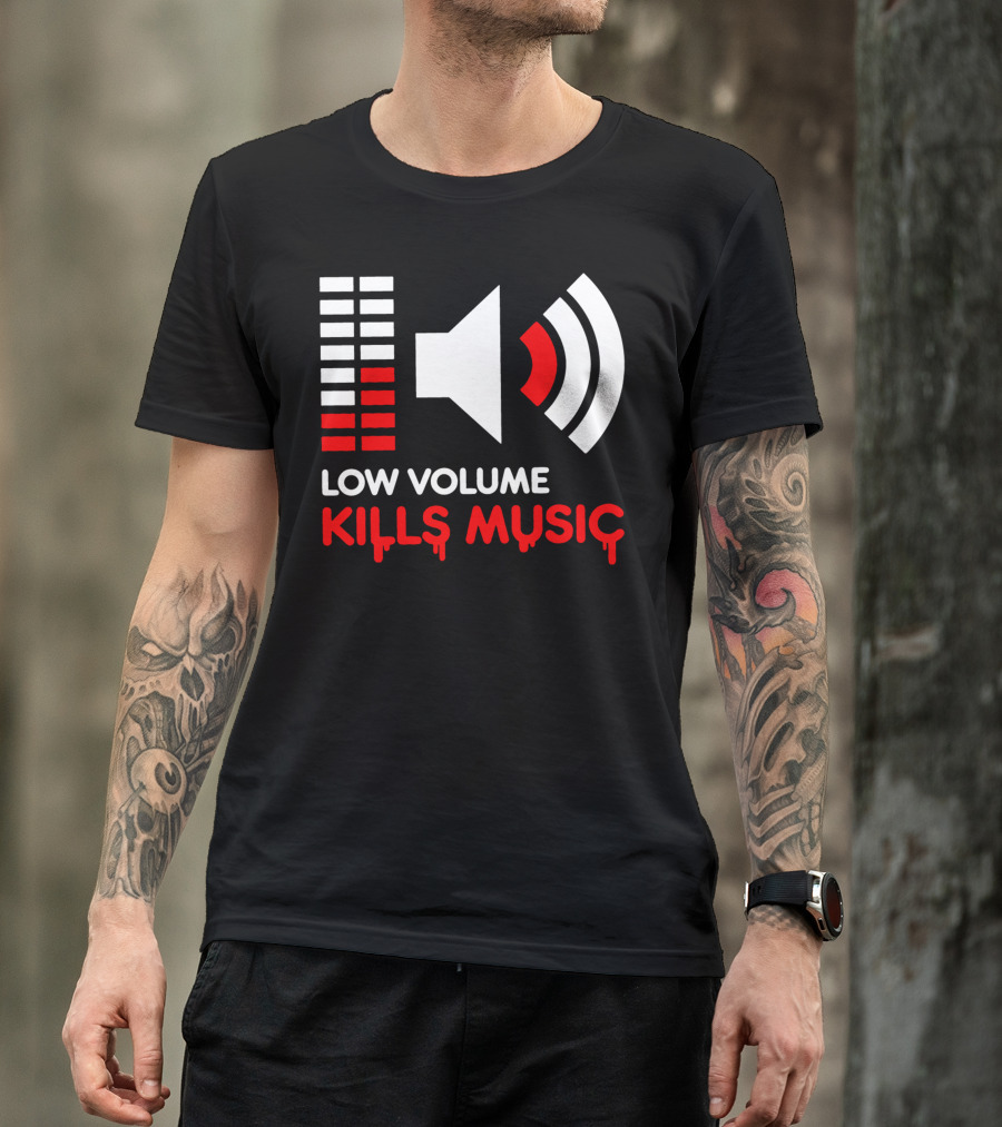 Low Volume Kills Music Speaker Icon With Red Sound Waves And Equalizer Bars T-Shirt