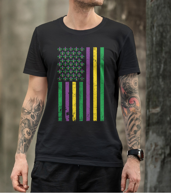 Mardi Gras Fleur De Lis American Flag T-Shirt