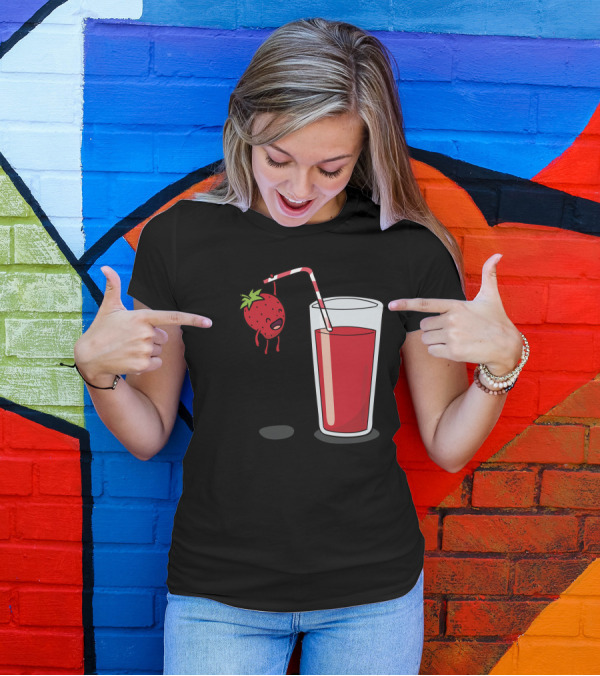 Strawberry Hanging On Red Juice Drink With Straw T-Shirt