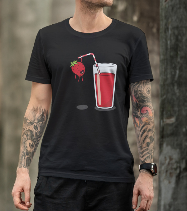 Strawberry Hanging On Red Juice Drink With Straw T-Shirt