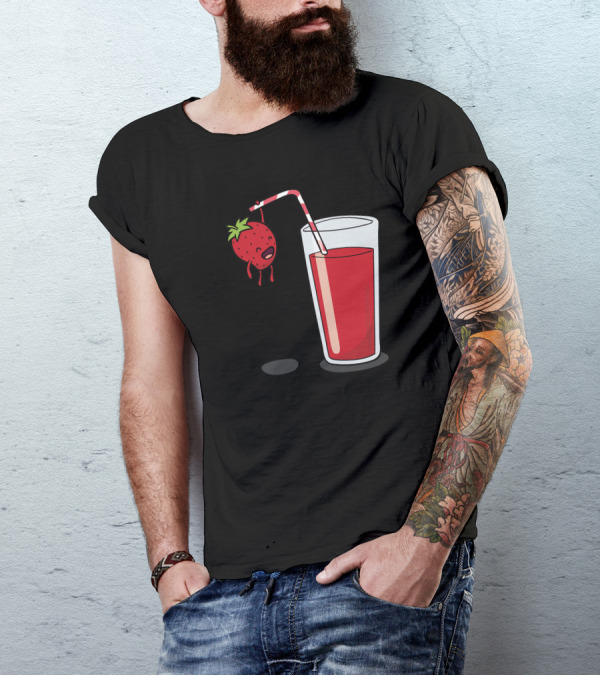 Strawberry Hanging On Red Juice Drink With Straw T-Shirt