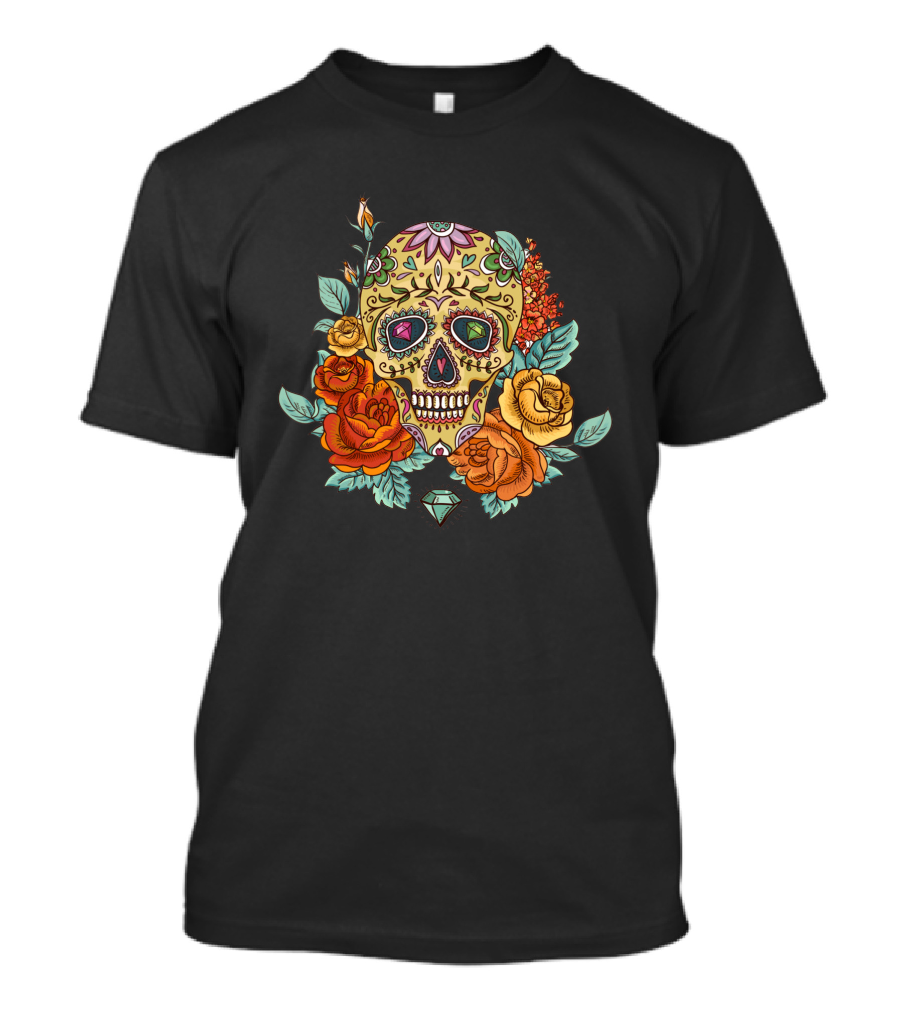 Sugar Skull With Flowers Roses And Diamond T-Shirt