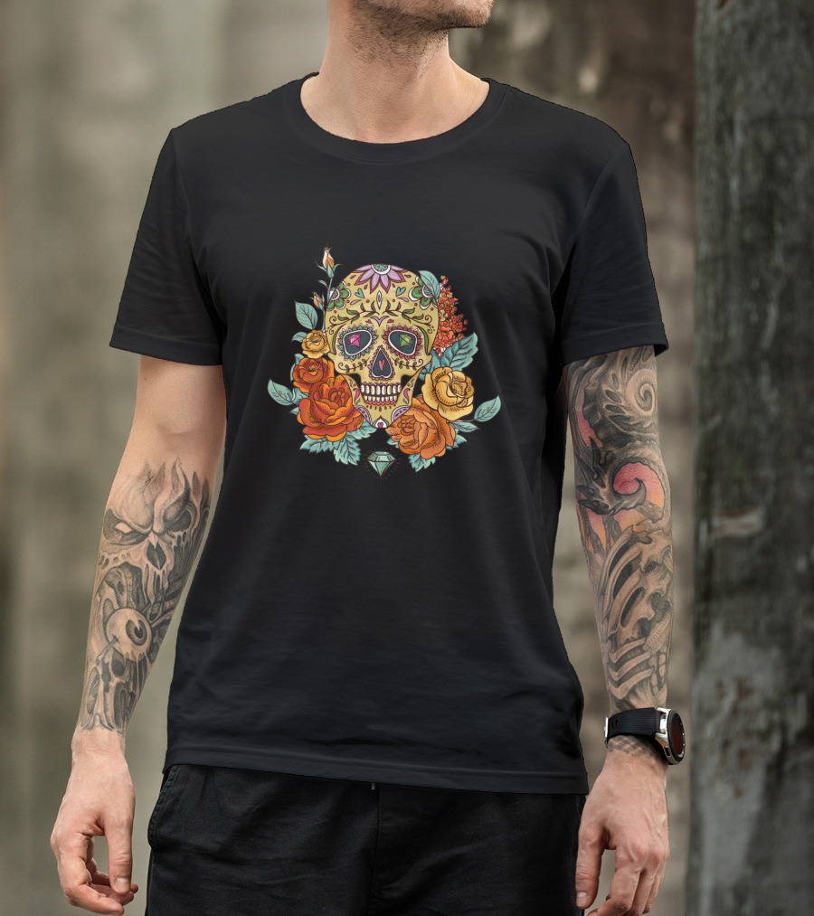 Sugar Skull With Flowers Roses And Diamond T-Shirt