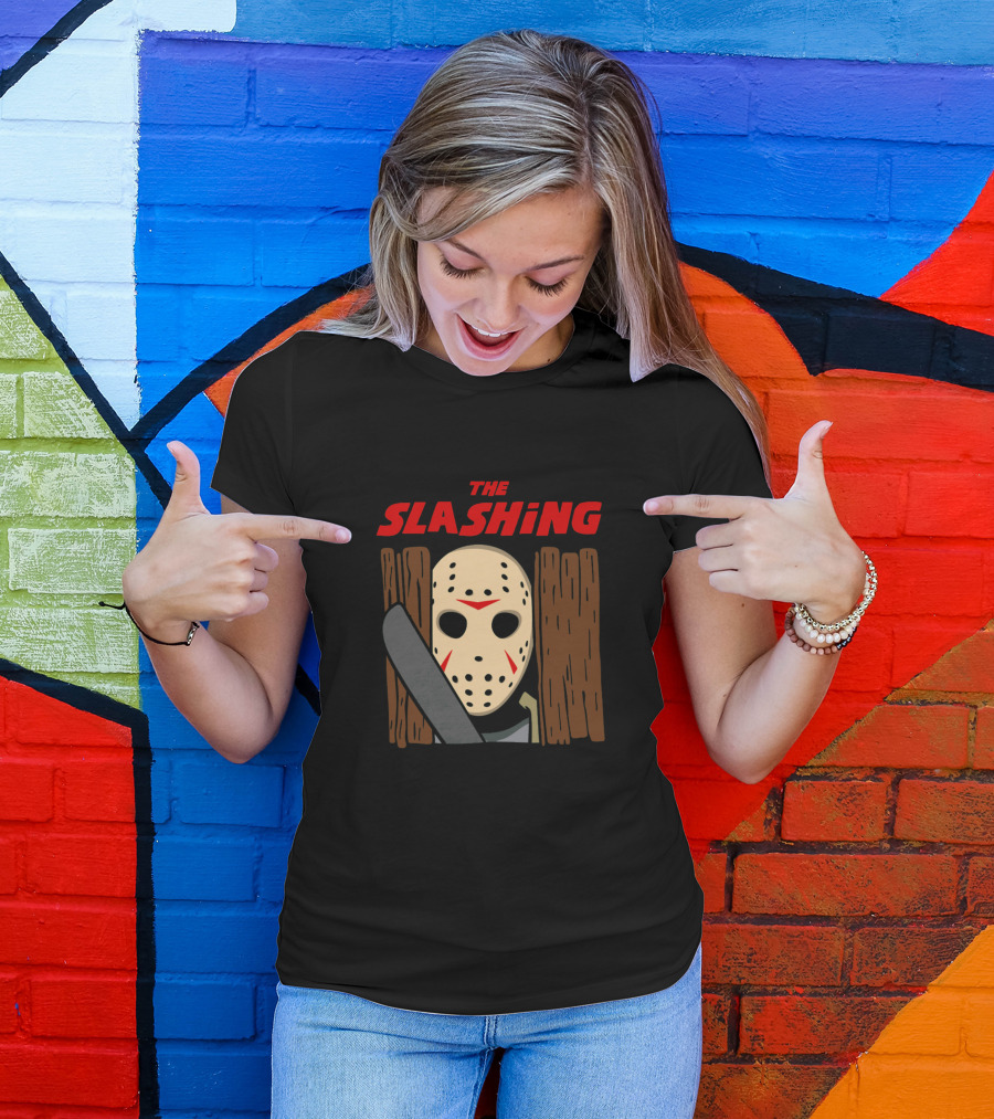 THE SLASHING Hockey Mask Horror Machete Behind Fence T-Shirt